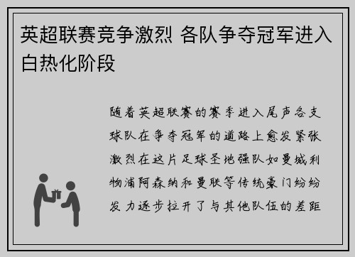 英超联赛竞争激烈 各队争夺冠军进入白热化阶段